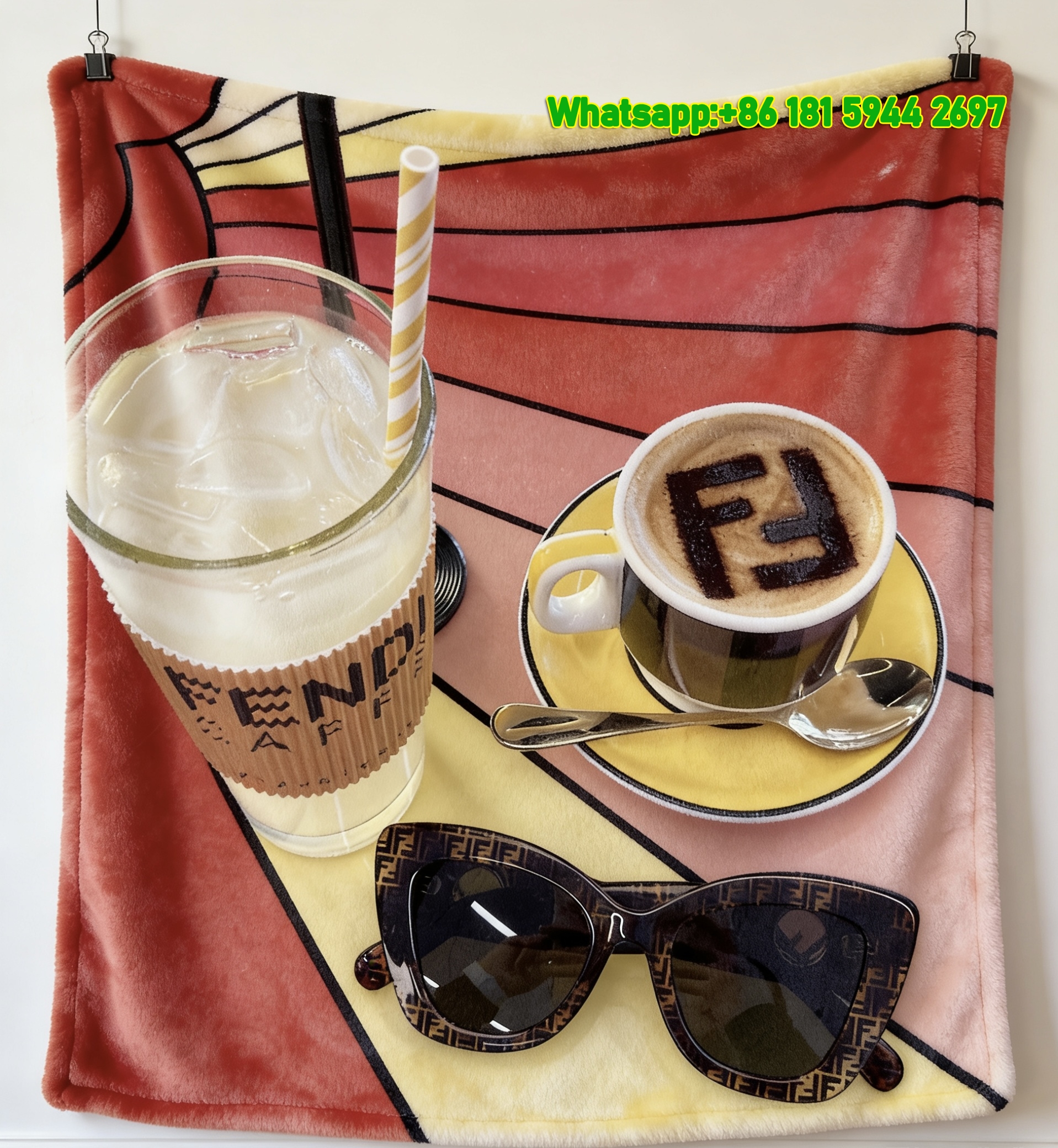 Fendi FF Logo Coffee & Sunglasses Flannel Throw Blanket IMG_9629